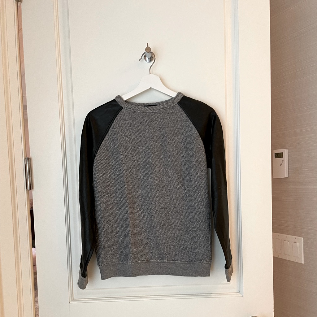Aritzia Gray And Black Leather Sleeves Crew Neck